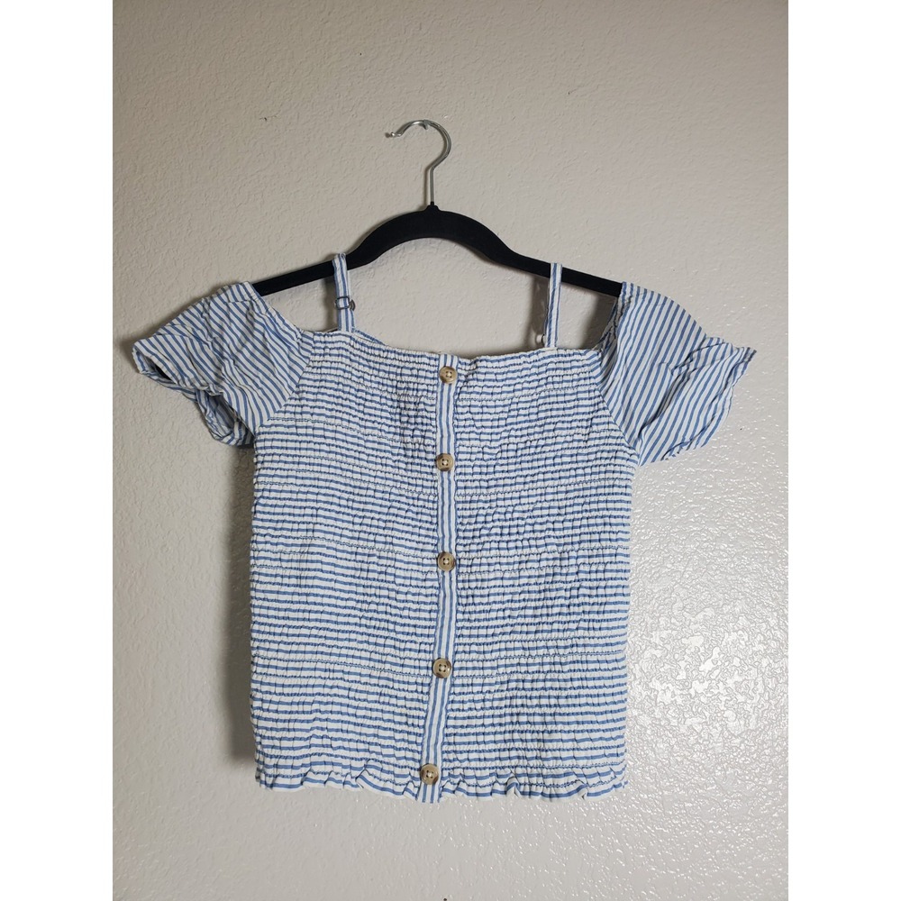 Abercrombie Kids Blue White Striped Smocked Off Shoulder Top Girls XL Size 11/12
